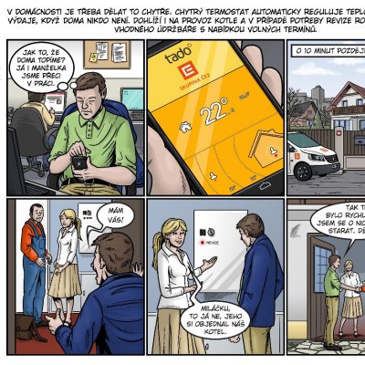 Poučný komiks o tom, jak si budou energetická zařízení samostatně objednávat revize (Zdroj: ČEZ, a. s.)