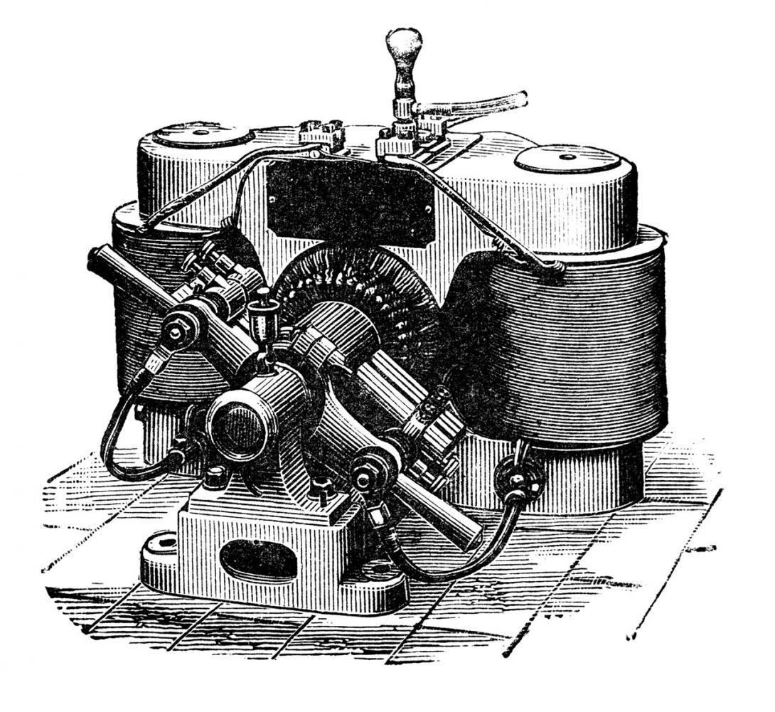 Na kresbě malého dynama z 19. století jsou dobře vidět cívky elektromagnetů i komutátor s uhlíkovými sběrnými kartáči (Zdroj: © antiqueimages / stock.adobe.com)