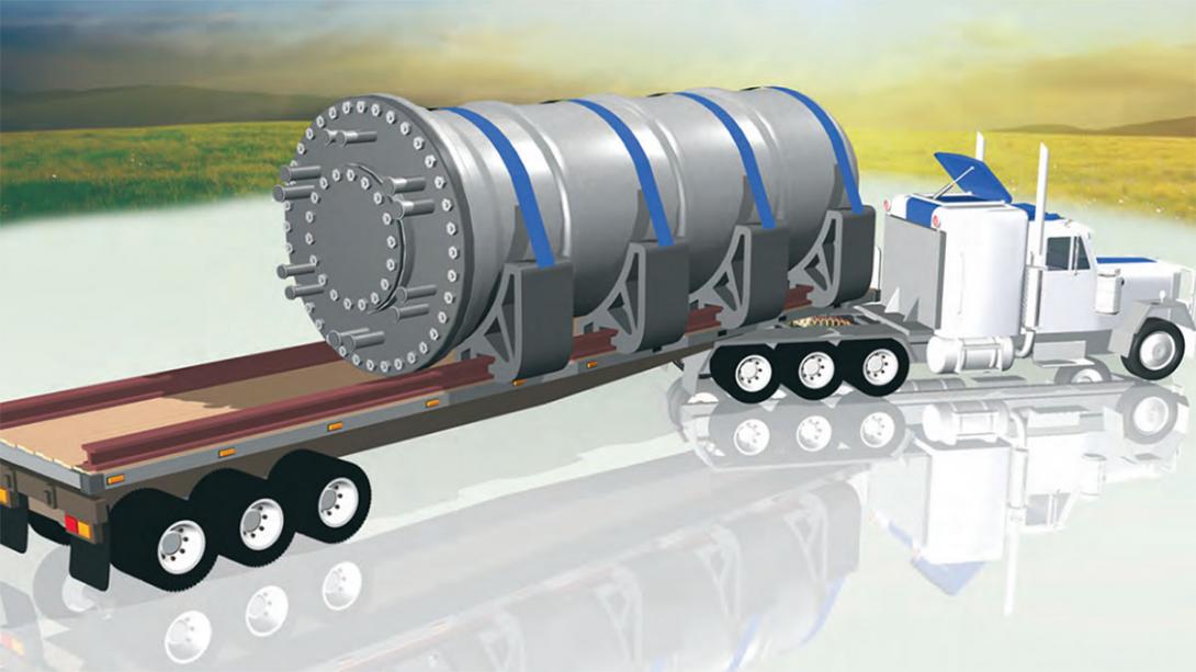 Ilustrace ukazuje malý modulární reaktor společnosti Rolls Royce na návěsu tahače (Zdroj: © Rolls Royce)
