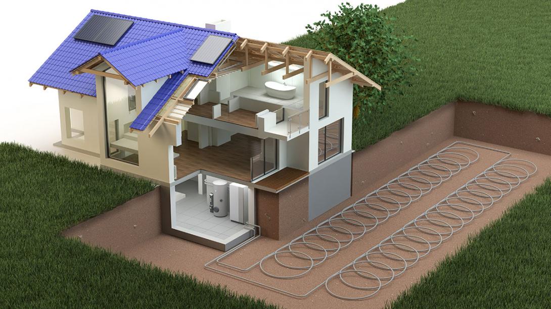 Model rodinného domu se systémem vytápění pomocí tepelného čerpadla s horizontálním plošným zemním kolektorem (Zdroj: © Studio Harmony / stock.adobe.com)