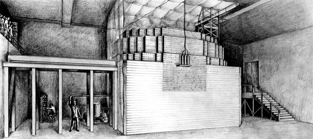 Kresba prvního reaktoru na světě CP-1 (Chicago Pile-1) na kterém si Enrico Fermi ověřil správnost svých výpočtů ohledně řetězové štěpné reakce (Zdroj: Wikipedia.org)