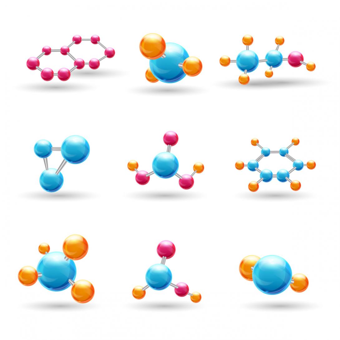 Spojením elektronových oblaků jednotlivých atomů vznikají různé tvary molekul (Zdroj: © macrovector / stock.adobe.com)