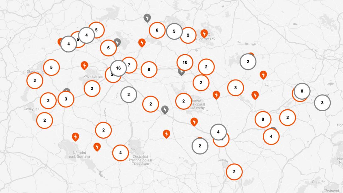 Interaktivní mapa dobíjecích míst na serveru elektromobilita.cz (Zdroj: ČEZ, a. s.)
