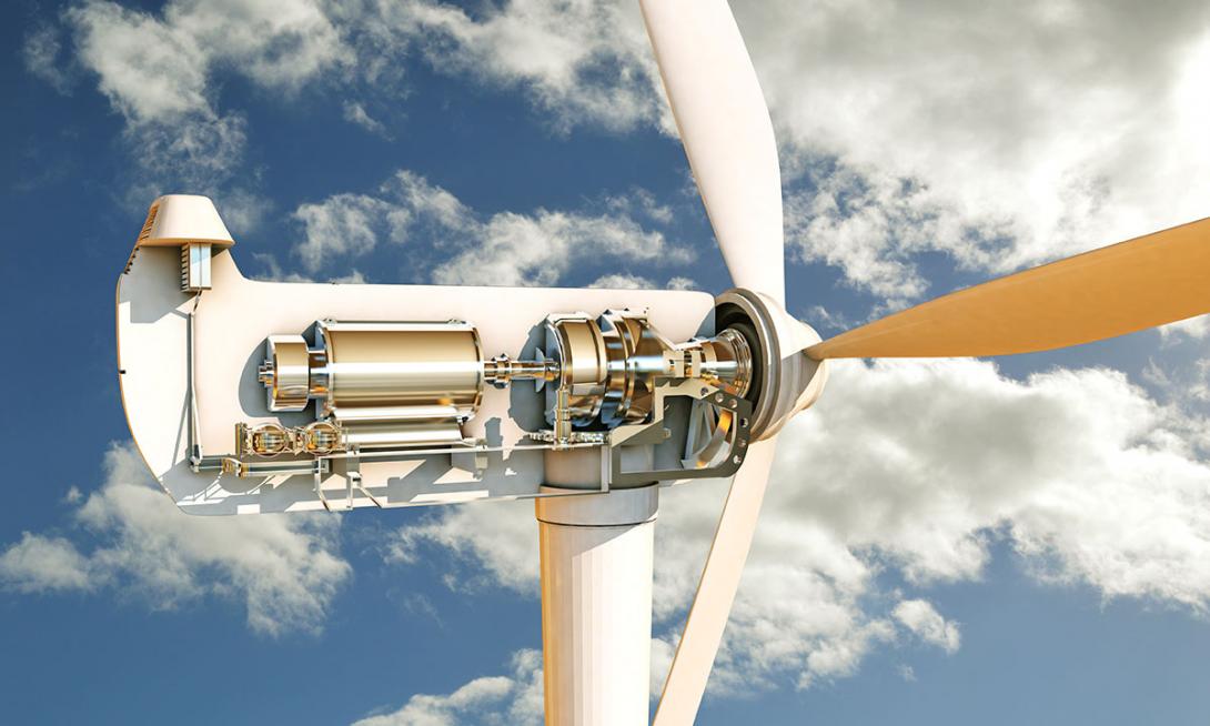 Umístění a propojení hlavních součástí větrné elektrárny s horizontální osou (Zdroj: © aleciccotelli / stock.adobe.com)