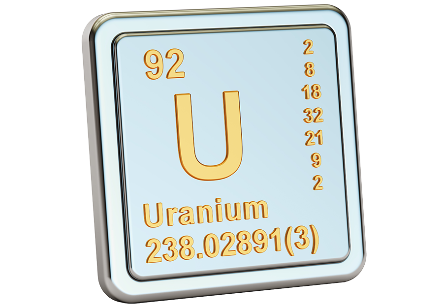 V periodické tabulce je uváděn jen převažující izotop uranu (Zdroj: © alexlmx / stock.adobe.com)
