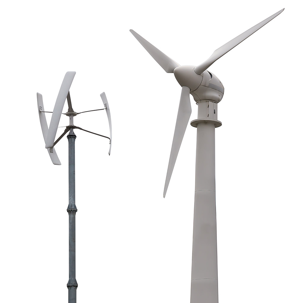 Darrieova turbína s vertikální osou (vlevo) a větrná turbína s horizontální osou (vpravo) rotoru (Zdroj: (© martinlisner a ookawaphoto / stock.adobe.com)