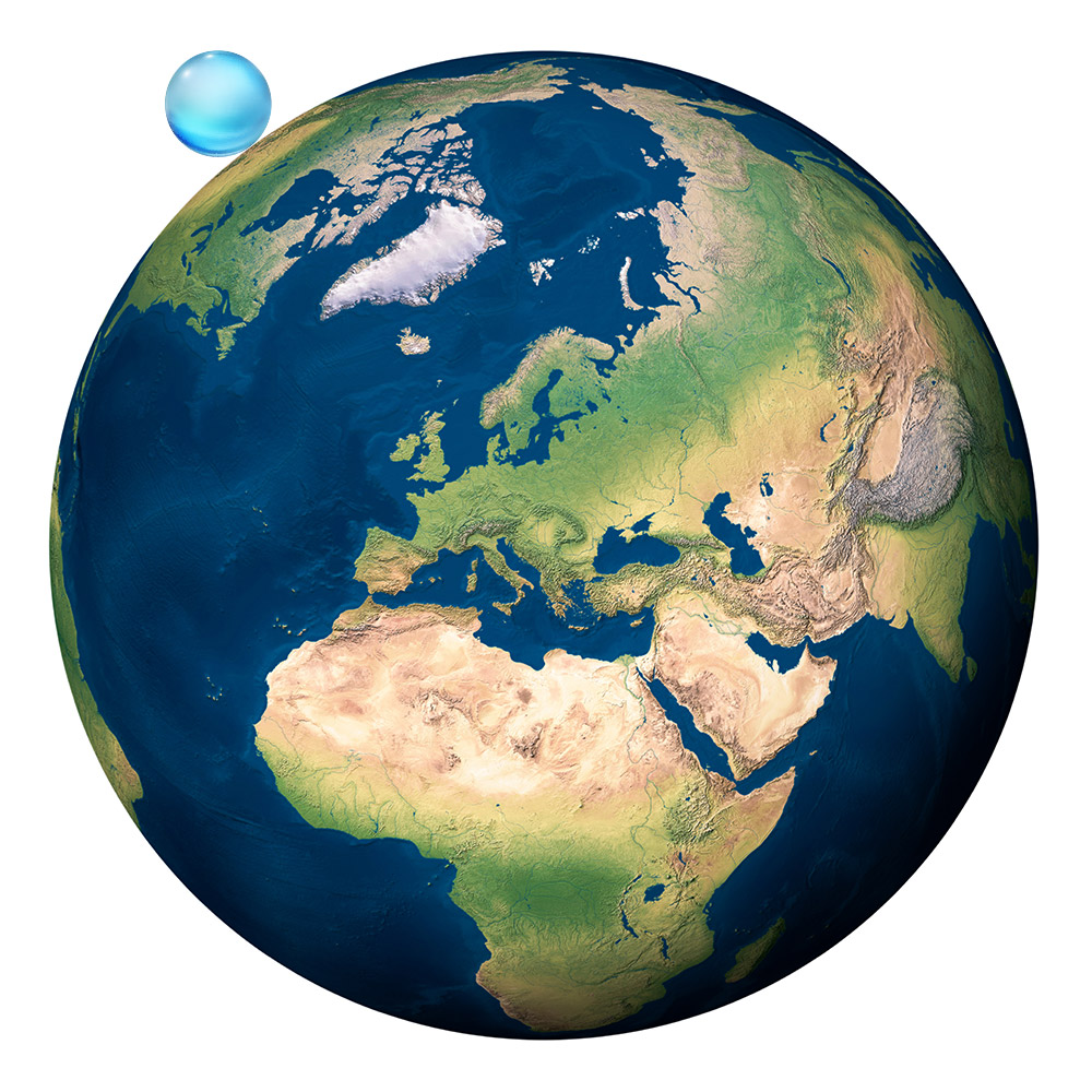 Takto by vypadal poměr pozemské vody k celé zeměkouli, kdyby se všechna voda na Zemi shromáždila do jedné velké kapky